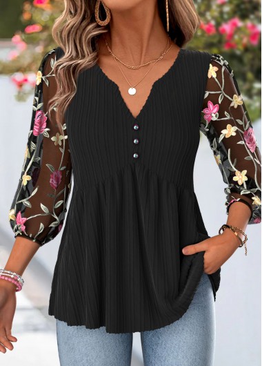 women clothes image of Black Floral Print Curved Hem 3/4 Sleeve Blouse
