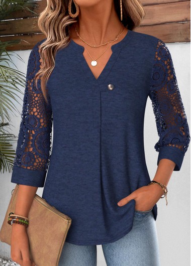 women clothes image of Navy Button 3/4 Sleeve Split Neck Blouse