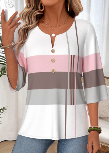 women clothes image of Multi Color Geometric Print Button 3/4 Sleeve T Shirt