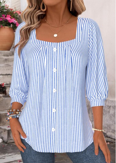 women clothes image of Blue Striped Curved Hem 3/4 Sleeve T Shirt