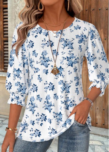 women clothes image of Blue Ditsy Floral Print Curved Hem 3/4 Sleeve Blouse