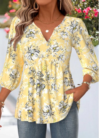 women clothes image of Yellow Floral Print Curved Hem 3/4 Sleeve Blouse