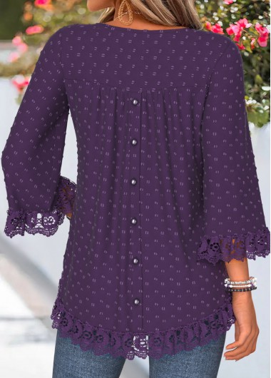 women clothes image of Purple Patchwork 3/4 Sleeve Round Neck T Shirt