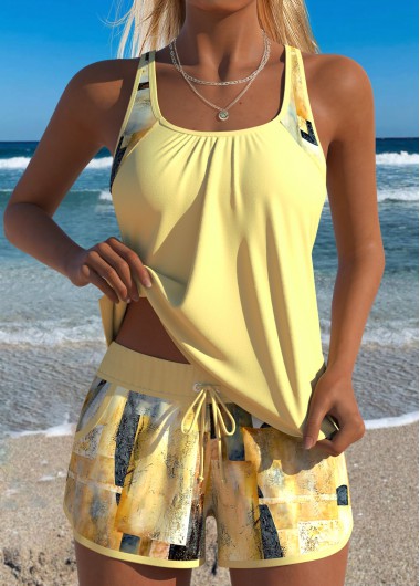 women clothes image of Yellow Mid Waisted Two-piece Floral Print Tankini Set