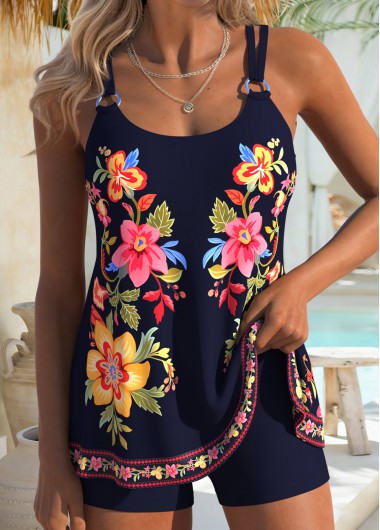 women clothes image of Navy Mid Waisted Lace Up Floral Print Tankini Set