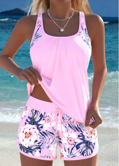 women clothes image of Light Pink Mid Waisted Drawstring Floral Print Tankini Set