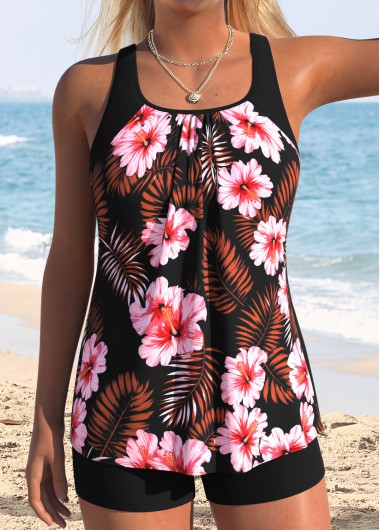 women clothes image of Black Ruched/shirred Floral Print Tankini Top