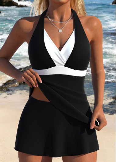 women clothes image of Black Mid Waisted Fake 2in1 Tankini Set