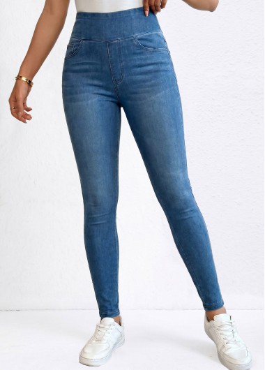 women clothes image of Denim Blue Skinny Elastic Waist High Waisted Jeans