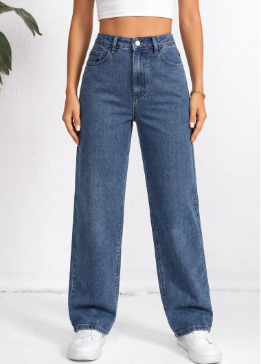 women clothes image of Denim Blue Straight Leg Zipper Fly High Waisted Jeans
