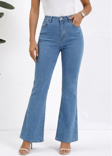 women clothes image of Denim Blue Flare Leg Zipper Fly High Waisted Jeans