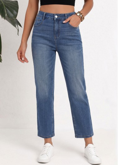 women clothes image of Denim Blue Straight Leg Zipper Fly High Waisted Jeans