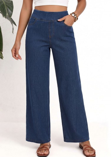 women clothes image of Denim Blue Wide Leg Elastic Waist High Waisted Jeans