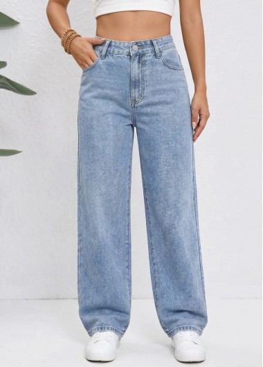 women clothes image of Denim Blue Straight Leg Zipper Fly High Waisted Jeans