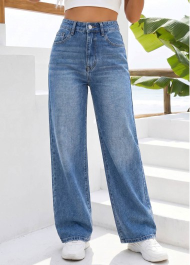 women clothes image of Denim Blue Wide Leg Zipper Fly High Waisted Jeans