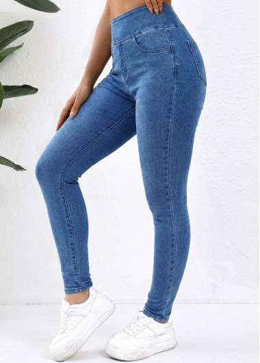 women clothes image of Denim Blue Skinny Elastic Waist High Waisted Jeans
