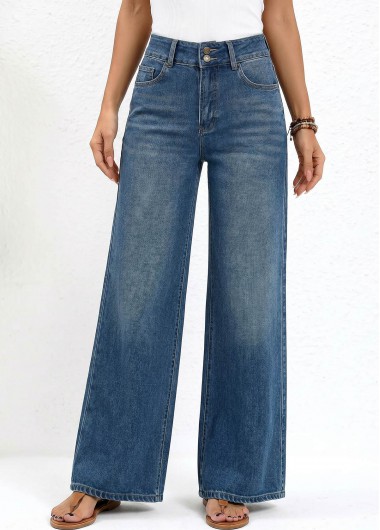 women clothes image of Denim Blue Wide Leg Zipper Fly High Waisted Jeans