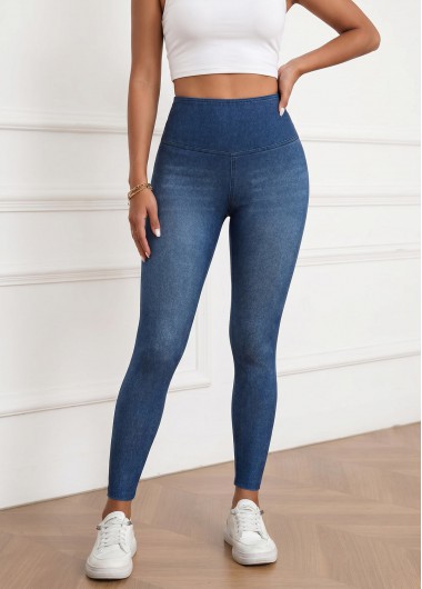 women clothes image of Denim Blue Skinny Elastic Waist High Waisted Jeans
