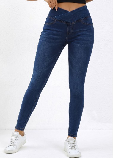 women clothes image of Denim Blue Skinny Elastic Waist High Waisted Jeans