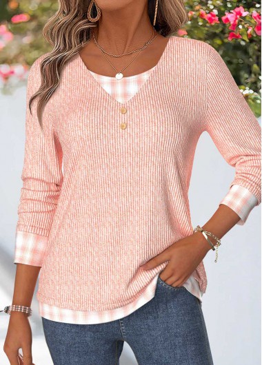 women clothes image of Light Pink Plaid Patchwork Long Sleeve T Shirt