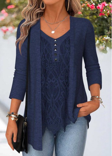 women clothes image of Navy 3/4 Sleeve Fake Two Piece Twinset