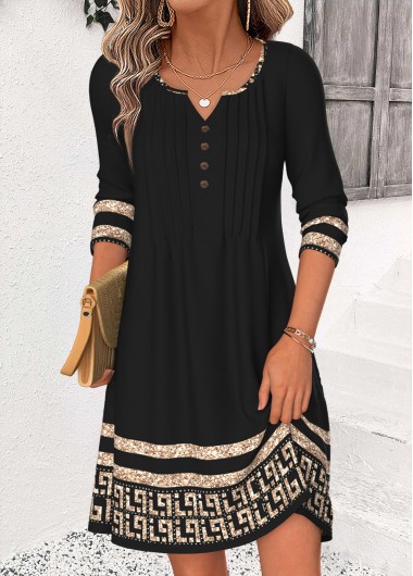 women clothes image of Black Tribal Print Short Tuck Stitch Long Sleeve Dress