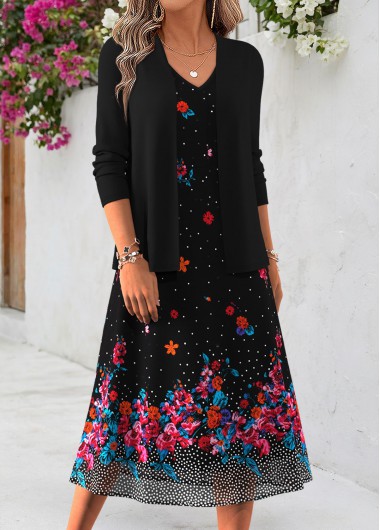 women clothes image of Black Floral Print Two-piece Long Sleeve Dress and Cardigan