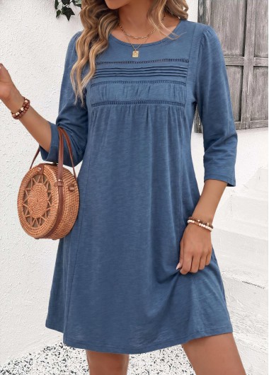 women clothes image of Dusty Blue Patchwork 3/4 Sleeve Round Neck Dress