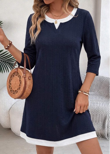 women clothes image of Navy Short Patchwork Long Sleeve Round Neck Dress