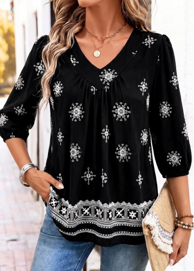 women clothes image of Black Tribal Print Shirred 3/4 Sleeve T Shirt
