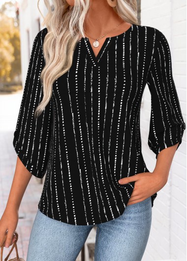 women clothes image of Black Striped Curved Hem 3/4 Sleeve Split Neck Blouse