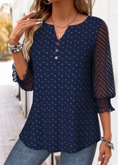 women clothes image of Navy Curved Hem 3/4 Sleeve Split Neck Blouse