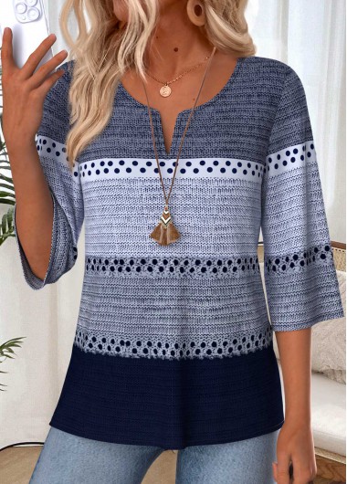 women clothes image of Navy Striped Patchwork 3/4 Sleeve Split Neck T Shirt