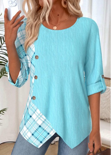 women clothes image of Mint Green Plaid Layered Long Sleeve Round Neck Blouse