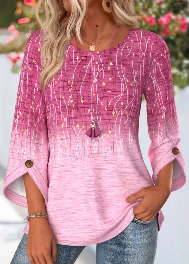women clothes image of Pink Ombre Button 3/4 Sleeve Round Neck Blouse