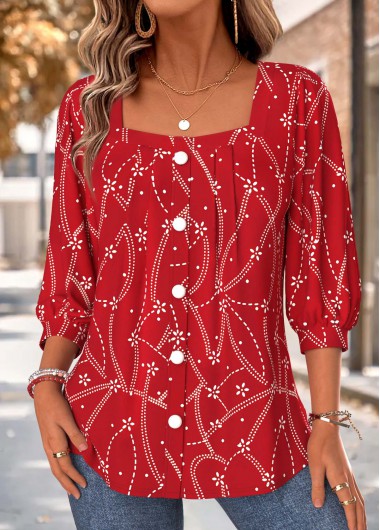 women clothes image of Red Polka Dot Pleated 3/4 Sleeve T Shirt
