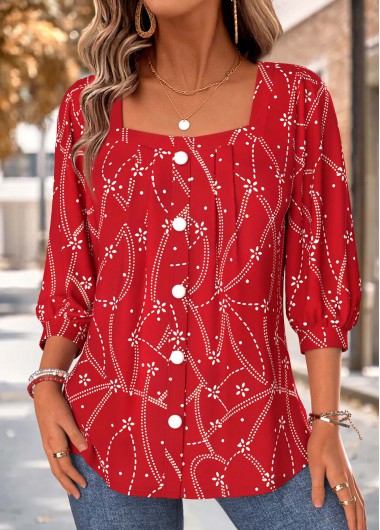 women clothes image of Red Polka Dot Pleated 3/4 Sleeve T Shirt
