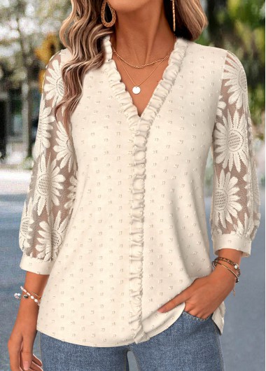 women clothes image of Beige Frill 3/4 Sleeve V Neck Blouse