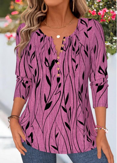women clothes image of Violet Floral Print Tuck Stitch Long Sleeve T Shirt