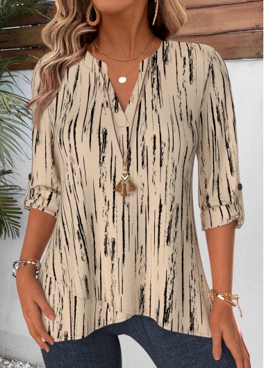 women clothes image of Light Camel Geometric Print Layered Long Sleeve Blouse