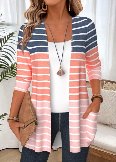 women clothes image of Multi Color Striped Pocket Long Sleeve Light Cardigan
