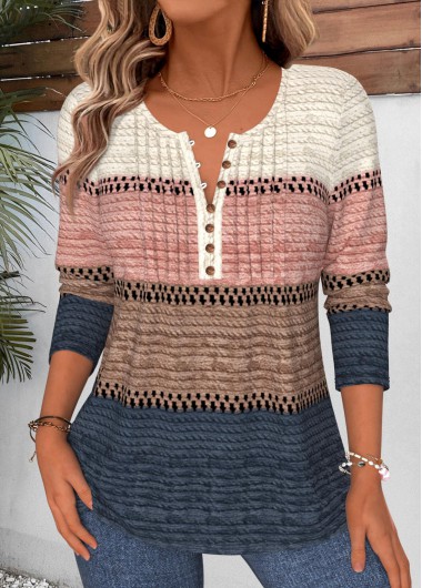 women clothes image of Multi Color Striped Tuck Stitch Long Sleeve T Shirt