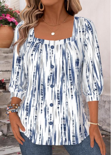 women clothes image of Blue Geometric Print Button 3/4 Sleeve T Shirt