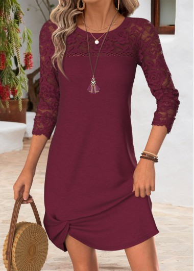 women clothes image of Wine Red Short Patchwork Long Sleeve Round Neck Dress