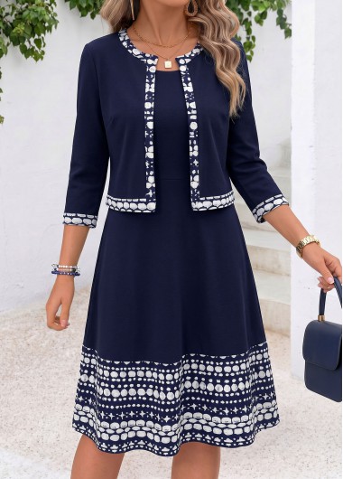 women clothes image of Navy Geometric Print Long Sleeve Dress and Cardigan