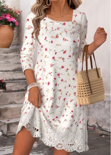 women clothes image of White Ditsy Floral Print Long Sleeve Asymmetrical Neck Dress