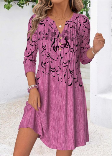 women clothes image of Purple Floral Print Short Tuck Stitch Long Sleeve Dress