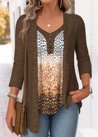 women clothes image of Dark Coffee Leopard 3/4 Sleeve Fake Two Piece Twinset