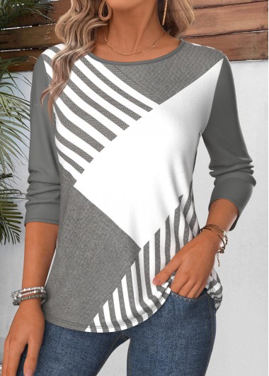 women clothes image of Grey Geometric Print Tummy Coverage Long Sleeve T Shirt