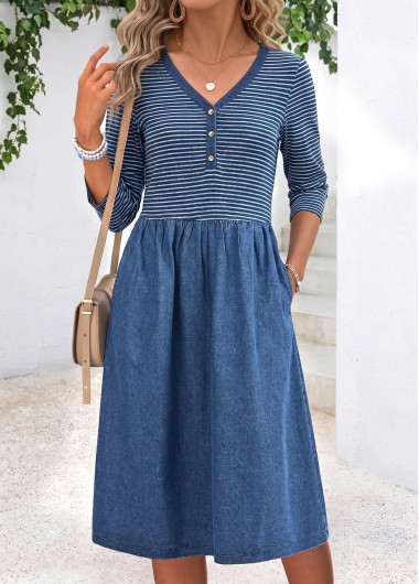 women clothes image of Denim Blue Striped Patchwork Long Sleeve V Neck Dress